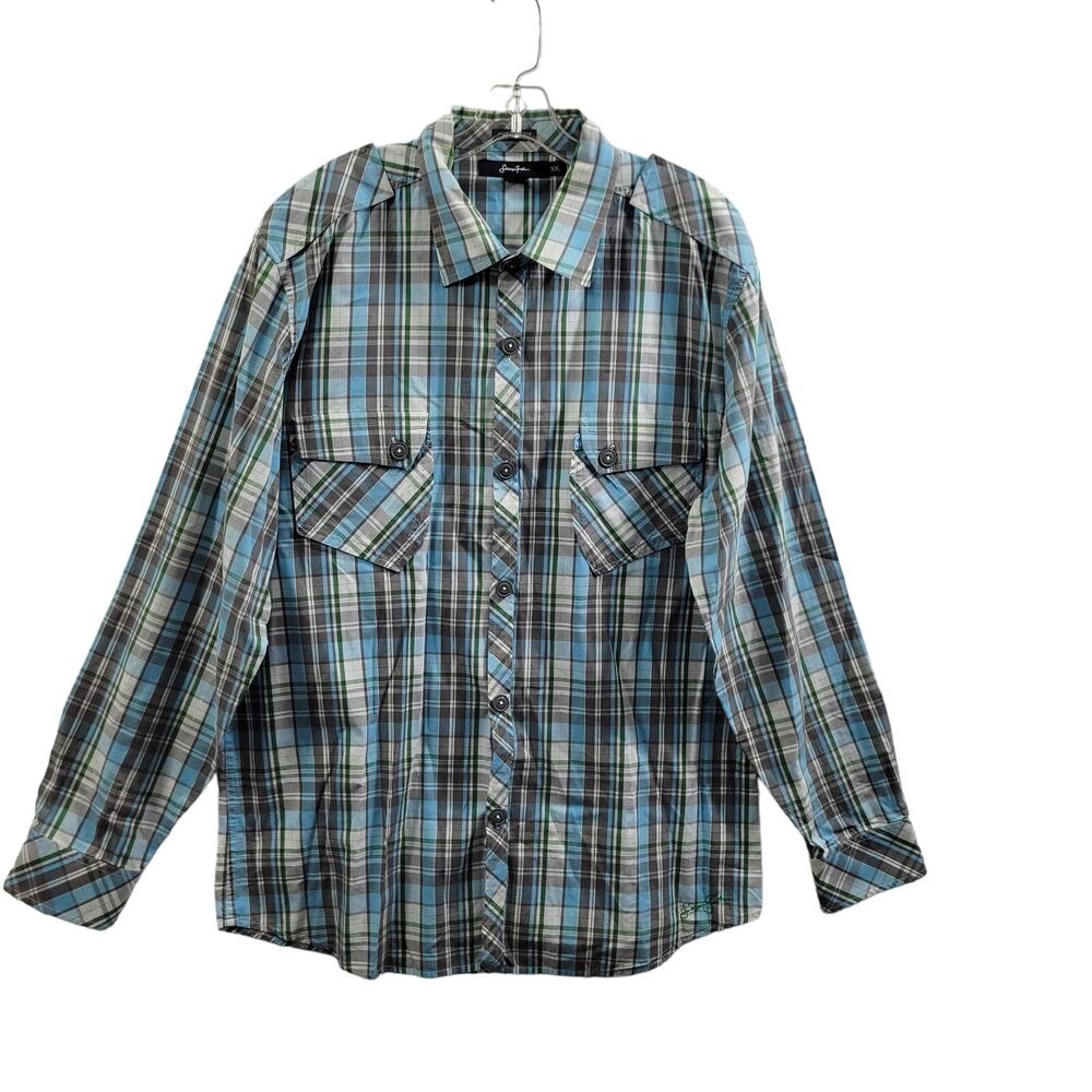 Sean John Blue Plaid Button Front Western Style Shirt Size 2XL 41124-0747